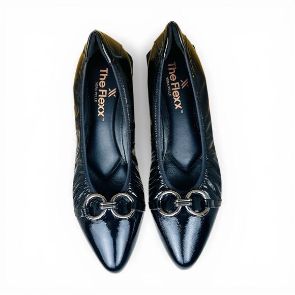 THE FLEXX Shoes - The Flexx Raven Black Patent Leather Pointed Ballet Flats Bit Detail Size 38